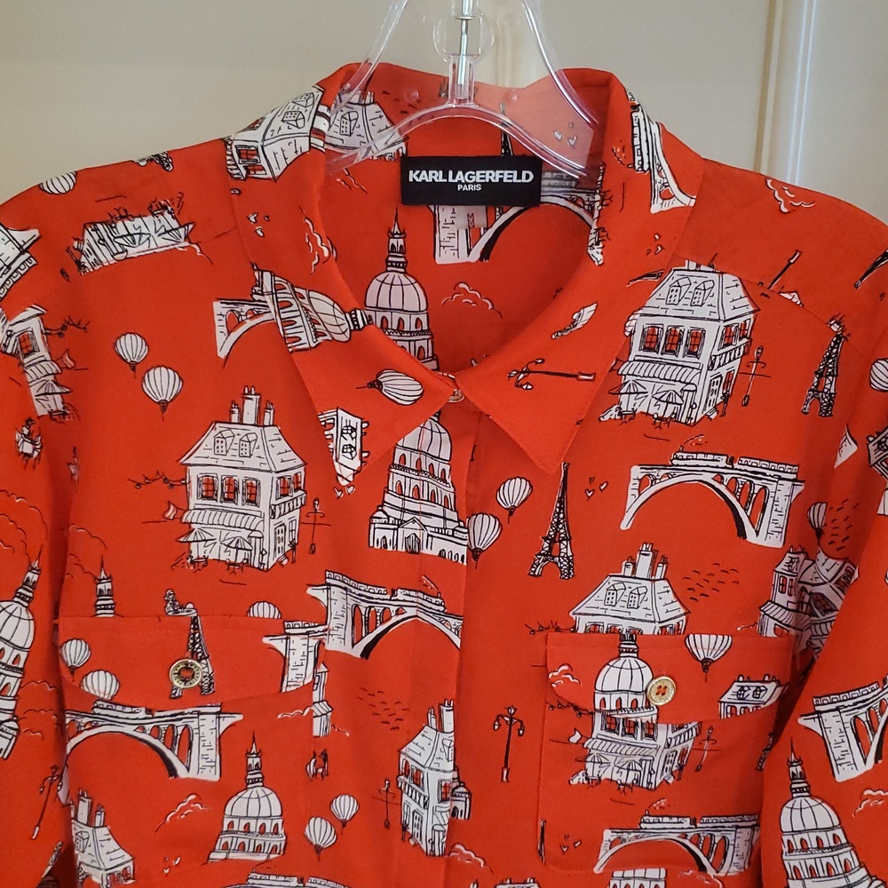 Karl Lagerfeld Red Paris Button-Down Long Sleeve Blouse Size MEDIUM